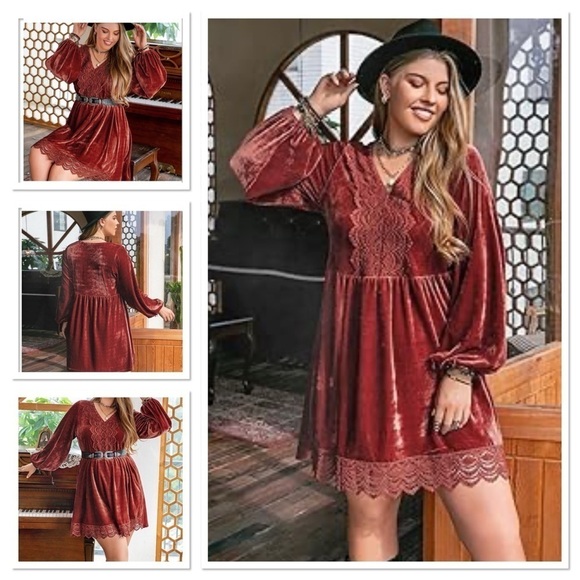 Rusttydustty Boho Velvet Lace Mini Dress - Picture 1 of 8